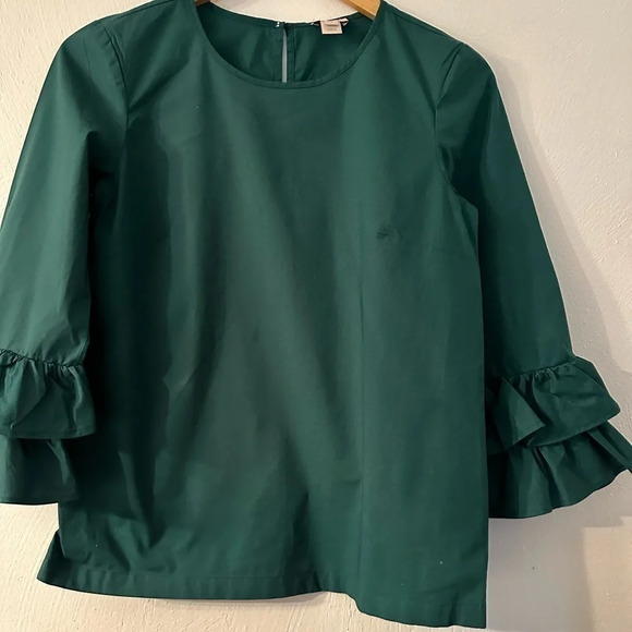 J Crew Blouse Womens 6 3/4 Bell Sleeve Crew Neck Casual Green Stretch Cotton - Picture 7 of 13